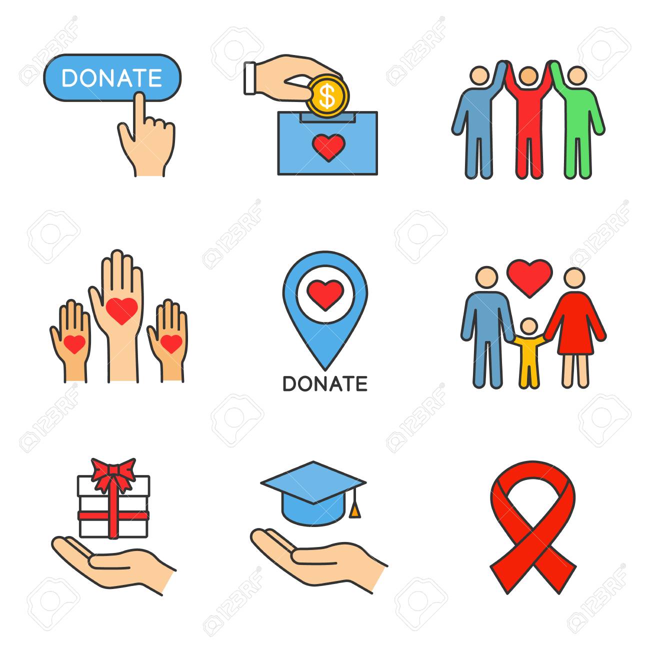 Charity color icons set. Donate button, fundraising, charity organization location, family, gift, free education, unity in diversity, anti HIV ribbon. Isolated vector illustrations