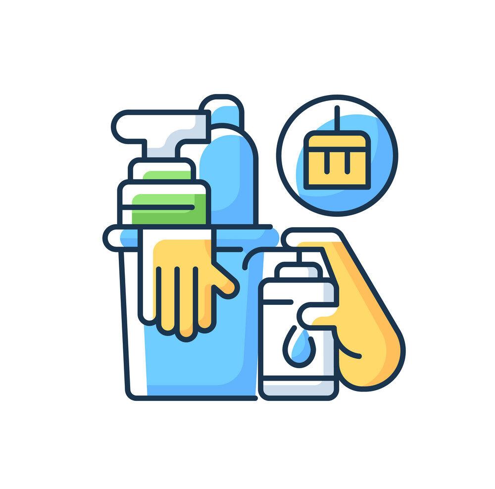 Hygiene products and services RGB color icon. Cleanliness, health and medicine. Sanitizing. Removing infectious microbes. Personal hygiene etiquette. Hand sanitizer. Isolated vector illustration