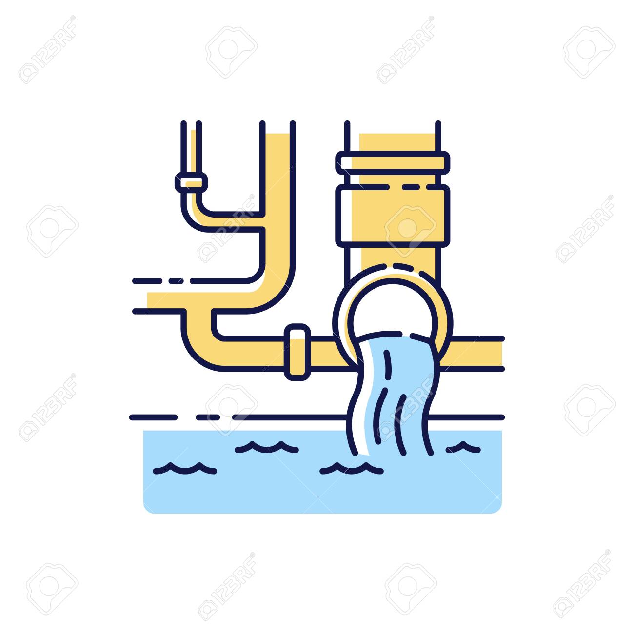 Water supply RGB color icon. Urban resource management. Sanitation pipe system. Pipeline infrastructure. Tap and waste water. Liquid flow from pipe into tank. Isolated vector illustration